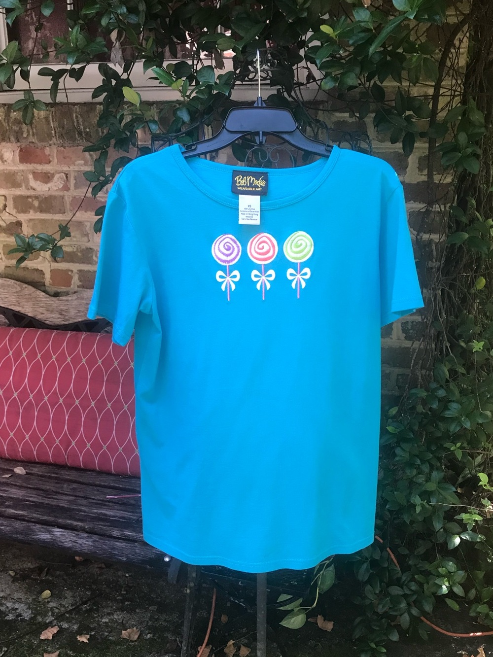 Bob Mackie- TURQUOISE EMBROIDERED COTTON KNIT TOP- Size XS- NWOT